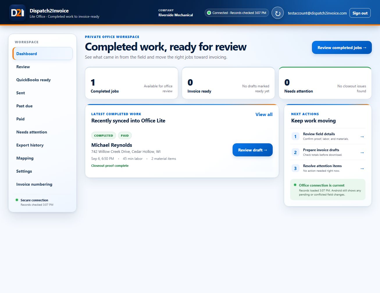 Dispatch2Invoice Office dashboard showing completed work ready for office review